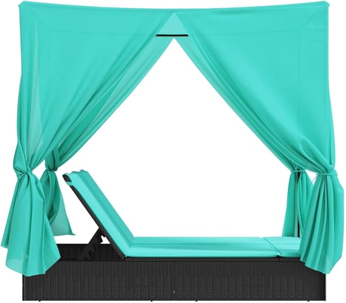 78.7"x44.9" Double Chaise Lounge Outdoor with Roof Turquoise Cushions Black PE Rattan Patio Furniture Adjustable Backrest Curtains for Balcony Garden