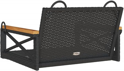 Single Garden Swing Chair Black, 24.4x24.8x15.7 in Modern Acacia Wood & PE Rattan Outdoor Bench for Patio, Porch or Courtyard Relaxation