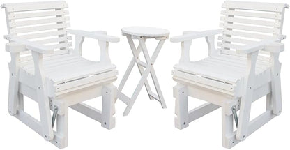 Outdoor Glider Chair,2-Seater Wooden Glider Patio Furniture Set with Table, Cupholder, High Back and Deep Contoured Seater, for Porch, Patio and Balcony, White