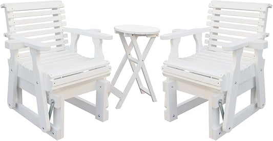 Outdoor Glider Chair,2-Seater Wooden Glider Patio Furniture Set with Table, Cupholder, High Back and Deep Contoured Seater, for Porch, Patio and Balcony, White