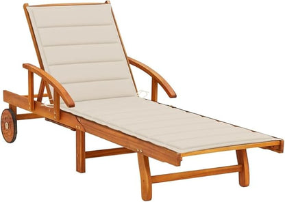 Outdoor Sun Lounger with Cushion, Adjustable Chaise Lounge Chair for Patio Poolside Garden, Solid Acacia Wood Frame, Water-Resistant Beige Fabric, Easy Move Wheels, Modern Design for Relaxing
