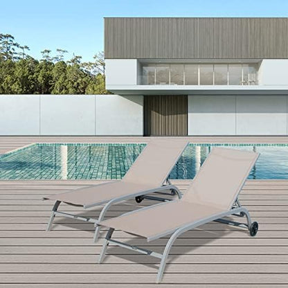 Domi Chaise Lounge Outdoor Set of 3, Lounge Chairs for Outside with Wheels, Outdoor Lounge Chaise with 5 Adjustable Position, Pool Lounge Chairs for Patio, Beach, Yard, Deck, Poolside, Khaki