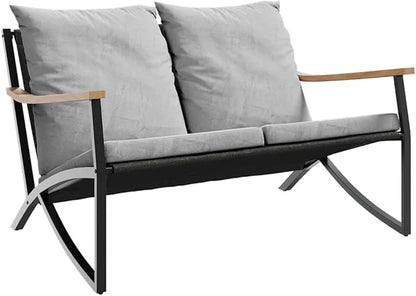 2-Seater Outdoor Garden Bench with Cushions, 47.2 Inch Modern Metal Patio Bench for Backyard, Balcony, and Terrace, Black Powder-Coated Steel Frame