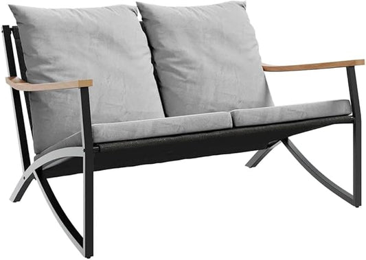 2-Seater Outdoor Garden Bench with Cushions, 47.2 Inch Modern Metal Patio Bench for Backyard, Balcony, and Terrace, Black Powder-Coated Steel Frame