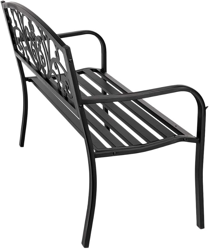 VINGLI 50" Patio Outdoor Metal Bench,Powder Coated Cast Iron Steel for Garden Path Yard Lawn Work Entryway Decor Deck, Black