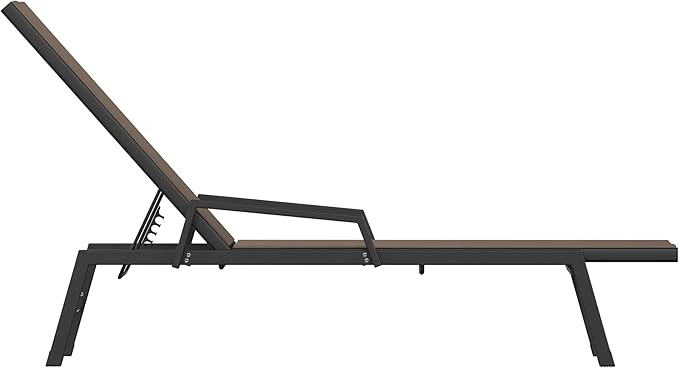 Flash Furniture Brazos Adjustable Chaise Lounge Chair with Arms, All-Weather Outdoor Five-Position Recliner, Black/Brown