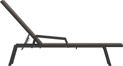 Flash Furniture Brazos Adjustable Chaise Lounge Chair with Arms, All-Weather Outdoor Five-Position Recliner, Black/Brown