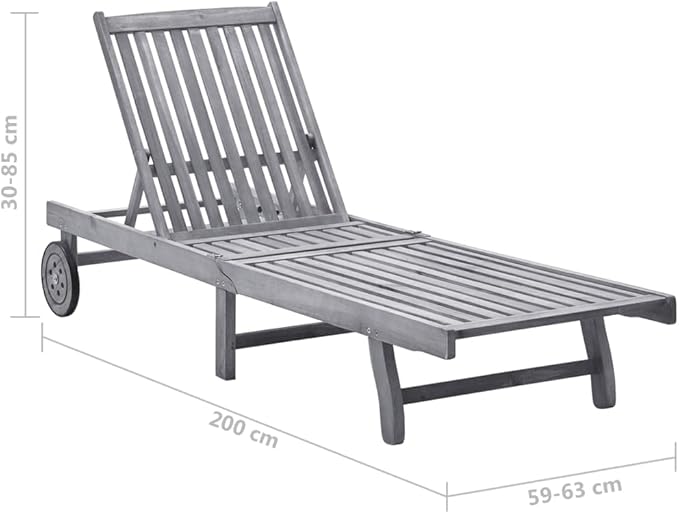 Outdoor Sun Lounger with Cushion, Grey Solid Acacia Wood Patio Chaise Lounge Chair - Photo 2