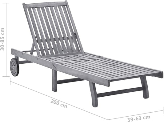 Outdoor Chaise Lounge 78.7"x23.6"x32.7" Solid Acacia Wood Pool Lounger with Wheels & Adjustable Backrest for Patio Garden Balcony and Lawn