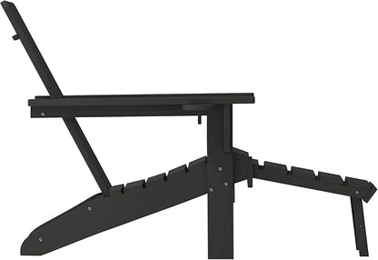 Flash Furniture Halifax Poly Resin Adirondack Chair with Cup Holder and Pull Out Ottoman, All-Weather Poly Resin Indoor/Outdoor Lounge Chair, Black