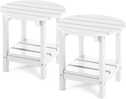 Set 2 Adirondack Outdoor Side Tables, 2-Tier Round Outdoor Table, Weather Resistant HDPE Patio End Table for Garden, Lawn, Pool, Beach, Porch, Deck, Backyard - White