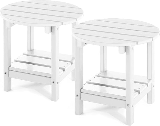 Set 2 Adirondack Outdoor Side Tables, 2-Tier Round Outdoor Table, Weather Resistant HDPE Patio End Table for Garden, Lawn, Pool, Beach, Porch, Deck, Backyard - White
