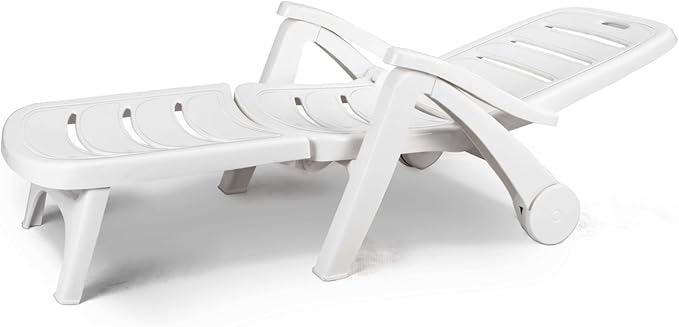 Giantex Folding Lounger Chaise Chair on Wheels Outdoor Patio Deck Chair Adjustable Rolling Lounger 5 Position Recliner w/Armrests (1, White)