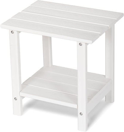 2 Tier Outdoor Side Table with Wood-Like Grain, 16.6" HDPE Adirondack Table Patio Side Table, Weather Resistant End Table for Pool, Patio & Porch, Small Outdoor Table (White, Rectangle)