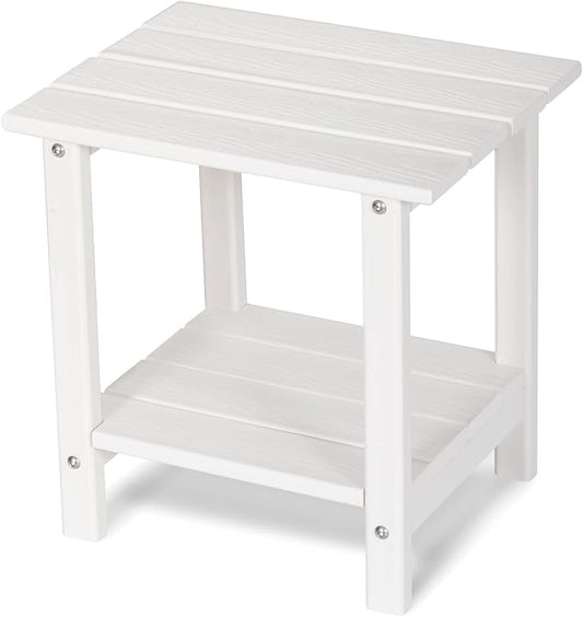 2 Tier Outdoor Side Table with Wood-Like Grain, 16.6" HDPE Adirondack Table Patio Side Table, Weather Resistant End Table for Pool, Patio & Porch, Small Outdoor Table (White, Rectangle)