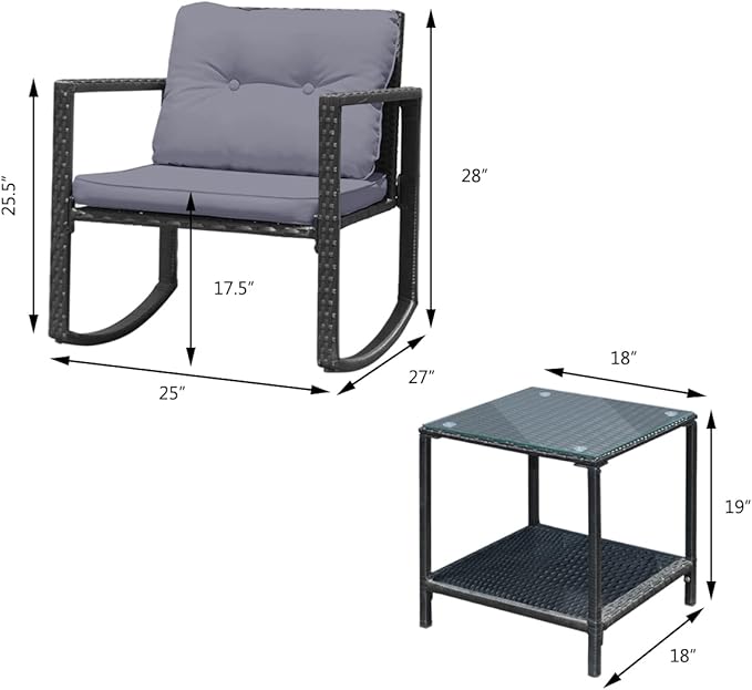 HAPPYGRILL 3 Pieces Rocking Bistro Set Outdoor Patio Conversation Set with Rocking Chairs and Coffee Table - Photo 7
