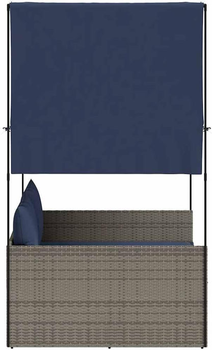 Gray Poly Rattan Patio Double Sun Lounger 17 x 18.3 x 29 in Navy Cushions Outdoor Lounge Chair for Two with Adjustable Roof & Curtains for Garden, Poolside, Balcony