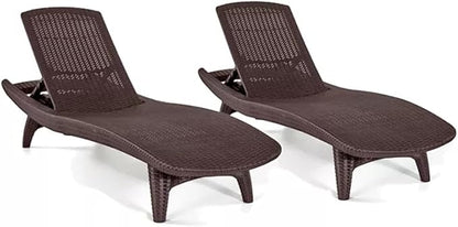 Outdoor Patio Chaise Lounge Chairs, All-Weather Wicker Rattan, Adjustable Backrest, Set of 2 (Brown)