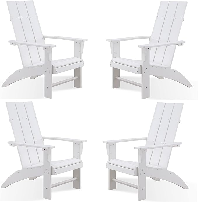 Psilvam Modern Adirondack Chairs Set of 4, Oversized Poly Lumber Fire Pit Chair, 350 Lbs Support Patio Chairs for Garden, Weather Resistant Adirondack Chair Looks Like Real Wood (4, White)