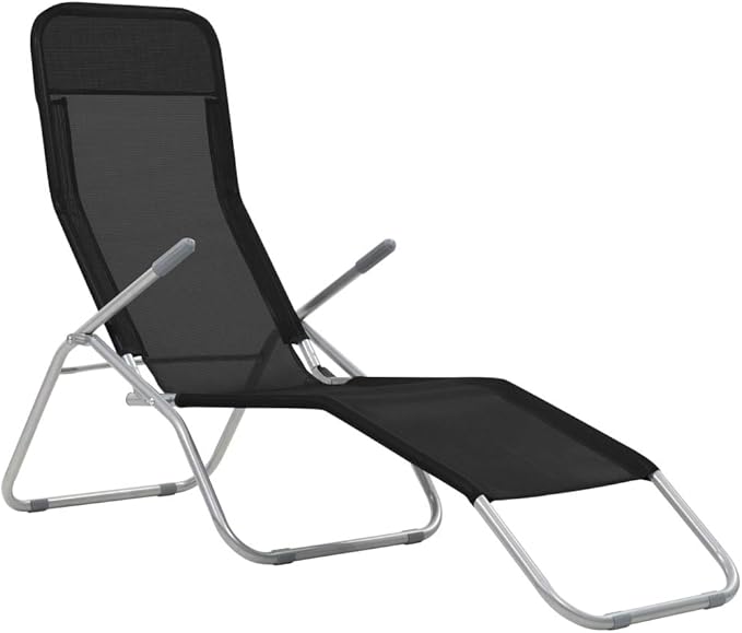 Textilene Folding Sunlounger Set of 2, Black Powder-Coated Steel Frame Outdoor Chaise 55.9"x23.6"x38.2" - Photo 3
