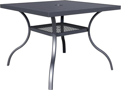 37" x 37" Patio Dining Table, Outdoor Square Bistro Metal Table with Steel Slat Table Top for Porch Deck Garden Backyard Poolside, 1.57" Umbrella Hole, Black