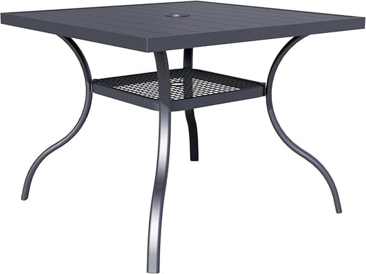 37" x 37" Patio Dining Table, Outdoor Square Bistro Metal Table with Steel Slat Table Top for Porch Deck Garden Backyard Poolside, 1.57" Umbrella Hole, Black