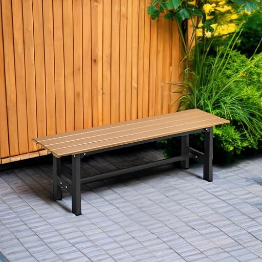 Tangkula 47 Inch HDPE Outdoor Bench Backless Set of 2, Patio Dining Bench with Slatted Seat & Heavy-Duty Metal Frame, 660 LBS Capacity, Weatherproof Outside Bench for Garden, Yard & Porch, Brown