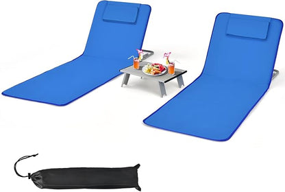Tangkula 3 Pieces Beach Chairs for Adults, Lightweight Lawn Lounge Chairs with 5 Adjustable Recline Position, Zipper Pocket, Backpack 2 Pack Beach Chairs Set with Folding Side Table (Blue)