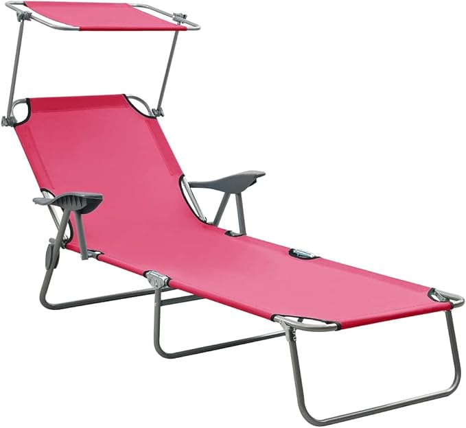 Foldable Pink Outdoor Chaise Lounge for Poolside, Aluminum Steel Recliner Sunbed 74x28x10 in - Photo 1