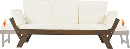 Merax Patio Sofa, Outdoor Adjustable Wooden Daybed, Chaise Lounge with Cushions, Beige
