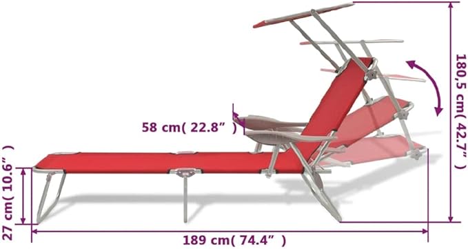 Red Outdoor Sun Lounger, Foldable Poolside Chaise Lounge in Powder-Coated Steel & Polyester, 74.4"x22.8" Adjustable Tanning Chair for Deck, Patio, Garden, Camping
