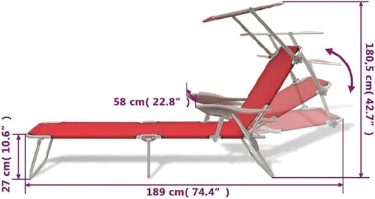 Red Outdoor Sun Lounger, Foldable Poolside Chaise Lounge in Powder-Coated Steel & Polyester, 74.4"x22.8" Adjustable Tanning Chair for Deck, Patio, Garden, Camping