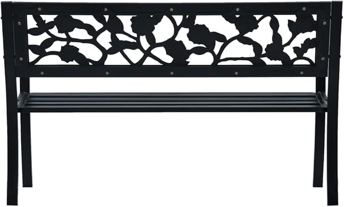 Patio Bench,Outside Bench,Yard Bench,Porch Bench,Metal Bench,Bench with Back,Park Benches,for Patio Furniture, Front Porch Decor and Outdoor Seating, 49.2" Black Steel