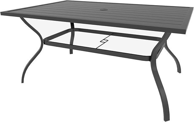Outdoor Rectangle Dining Table 6-Person with 1.57" Umbrella Hole Metal Steel Backyard Bistro Table for Garden, Poolside, Backyard, Black