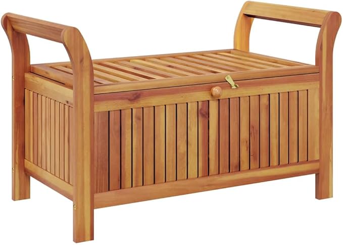 Outdoor Storage Bench Cream White, Natural Wood Garden Bench with Seat Cushion, Spacious Storage Compartment for Patio Balcony Porch Deck Entryway, Solid Acacia Wood Furniture