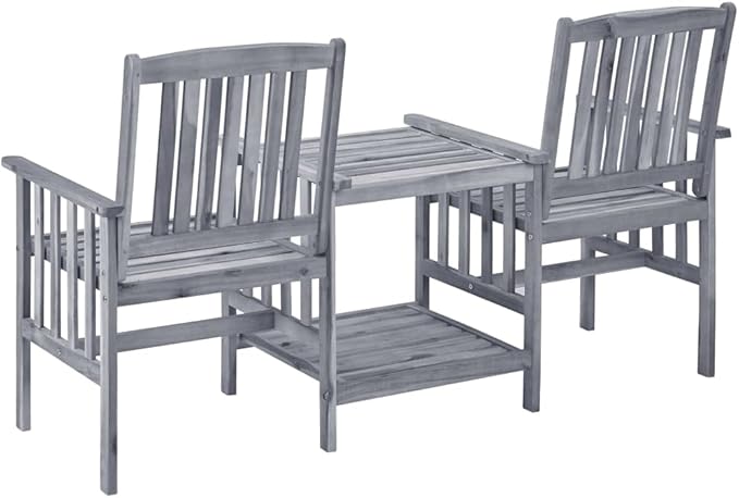 vidaXL Solid Acacia Wood Garden Patio Chairs with Tea Table and Beige Cushions - 62.6" L x 24" W x 36.2" H - Gray Finish - Photo 5