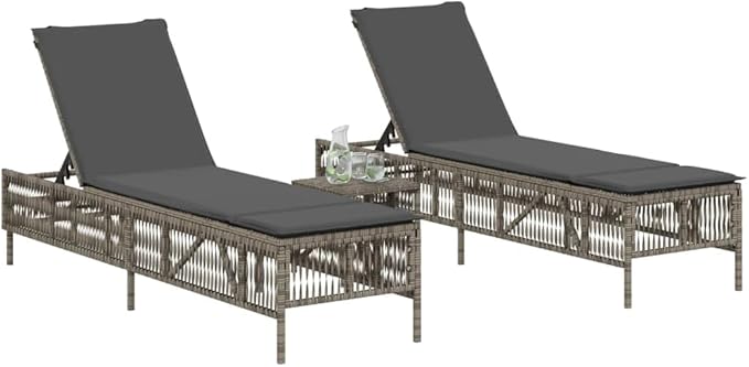Sun Lounger Set of 3 Grey PE Rattan Standard with Adjustable Backrest and Removable Cushion Covers - Photo 2