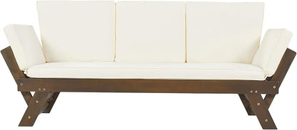 Merax Patio Sofa, Outdoor Adjustable Wooden Daybed, Chaise Lounge with Cushions, Beige