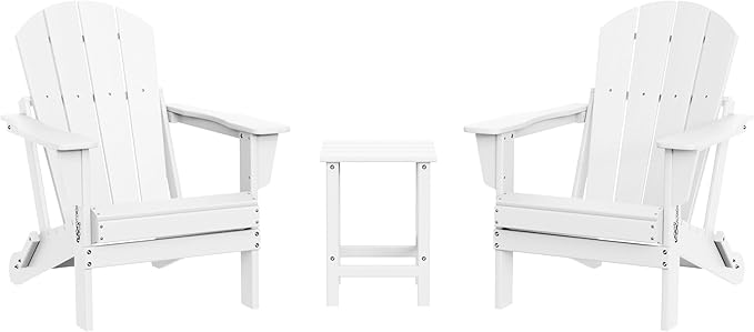 WestinTrends Malibu 3-Pieces Adirondack Chairs Set with Side Table, All Weather Outdoor Seating Plastic Patio Lawn Chair Folding for Outside Porch Deck Backyard, White
