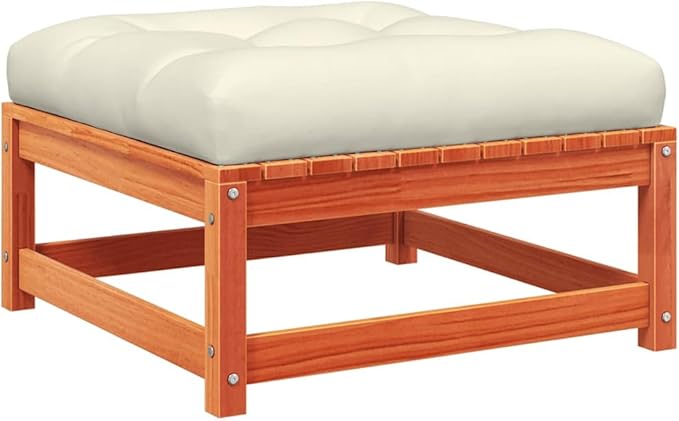 Outdoor Patio Garden Footstool Set 2-Pack, 27.6"x27.6" Solid Pine Wood Stools with Removable Cream Cushion - Photo 5