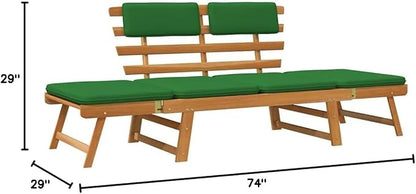 Convertible Garden Bench Solid Acacia Wood Green Brown Outdoor Furniture with Cushions Rectangular 74.8 in Width for Patio Garden Balcony Relaxation