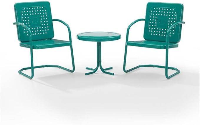 Pemberly Row 3 Piece Metal Outdoor Chair Set, Turquoise Gloss Finish, Retro Patio Furniture with Basket Weave Design, Cantilever Base Chairs and Pedestal Side Table, Weatherproof for Small Outdoor