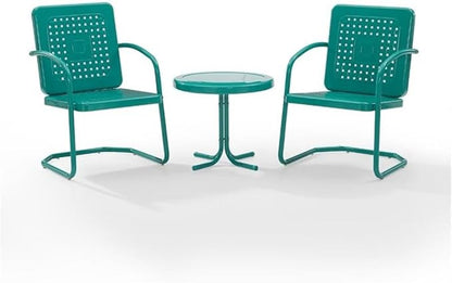 Pemberly Row 3 Piece Metal Outdoor Chair Set, Turquoise Gloss Finish, Retro Patio Furniture with Basket Weave Design, Cantilever Base Chairs and Pedestal Side Table, Weatherproof for Small Outdoor