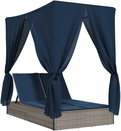 Double Chaise Lounge 78.7"x44.9"x77.2" Gray PE Rattan Adjustable Backrest UV Roof Curtains Navy Cushion Pool Garden