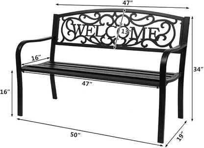 50" Outdoor Bench,Metal Outside Benches for Garden,Patio,Front Porch, Park, Yard, with Armrest and PVC Backrest,Weather Resistant,Iron,Support up to 750lbs,Black