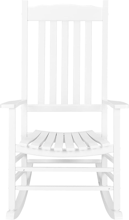 Wooden Rocking Chair Outdoor with High Back,Wood Porch Rocker,Perfect for Indoor or Outdoor All Weather Porch Rocker for Garden,Lawn,Balcony,Backyard and Patio Porch Rocker Use(White)