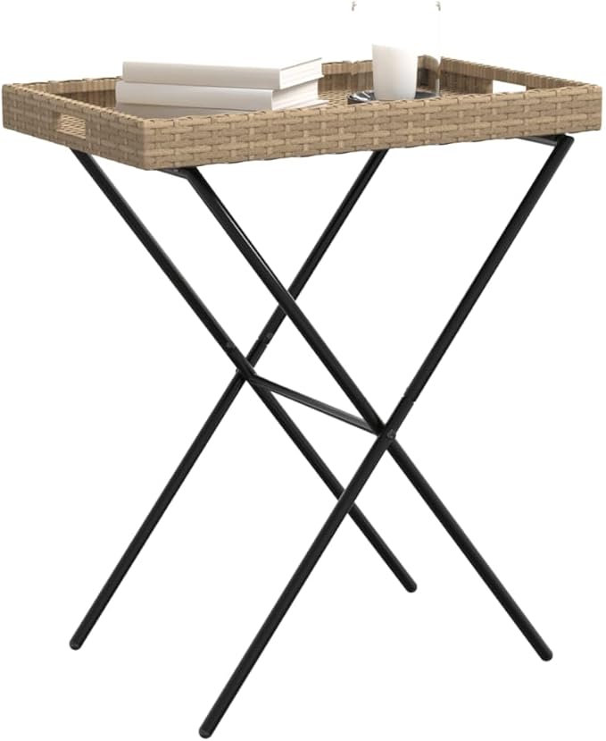 Folding Tray Table, Outdoor coffee table Outdoor Dining Table Outdoor side table Patio table Patio Bistro Accent Table Suitable for Garden Patio Backyard Deck Beige 25.6"x15.7"x29.5" Poly Rattan