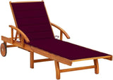 Wine Red Cushioned Acacia Wood Outdoor Chaise Lounge 78.7" Reclining Patio Sun Lounger with Wheels Adjustable Backrest - Photo 1