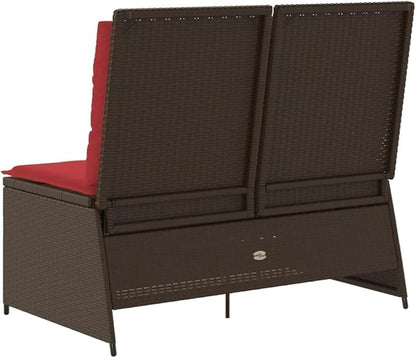 Reclining Patio Bench with Cushions, Outdoor Garden Furniture for Backyard, Adjustable Backrest 2-Seater Poly Rattan Loveseat, Brown PE Rattan