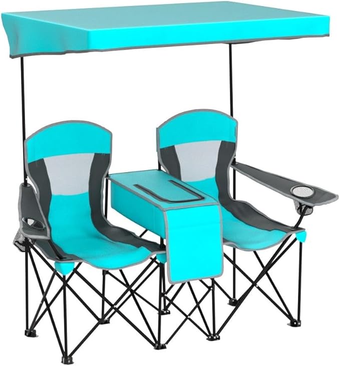 S AFSTAR Double Camping Chair w/Shade Canopy, 2-Person Folding Camp and Beach Chair with Mini Table Beverage Cup Holder Carrying Bag, Collapsible Camping Chairs for Garden Patio Pool Beach